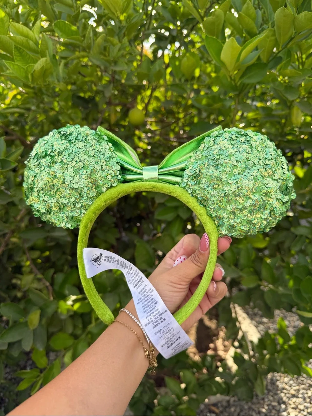 Green Sequin Mouse Ear Headband with Metallic Bow